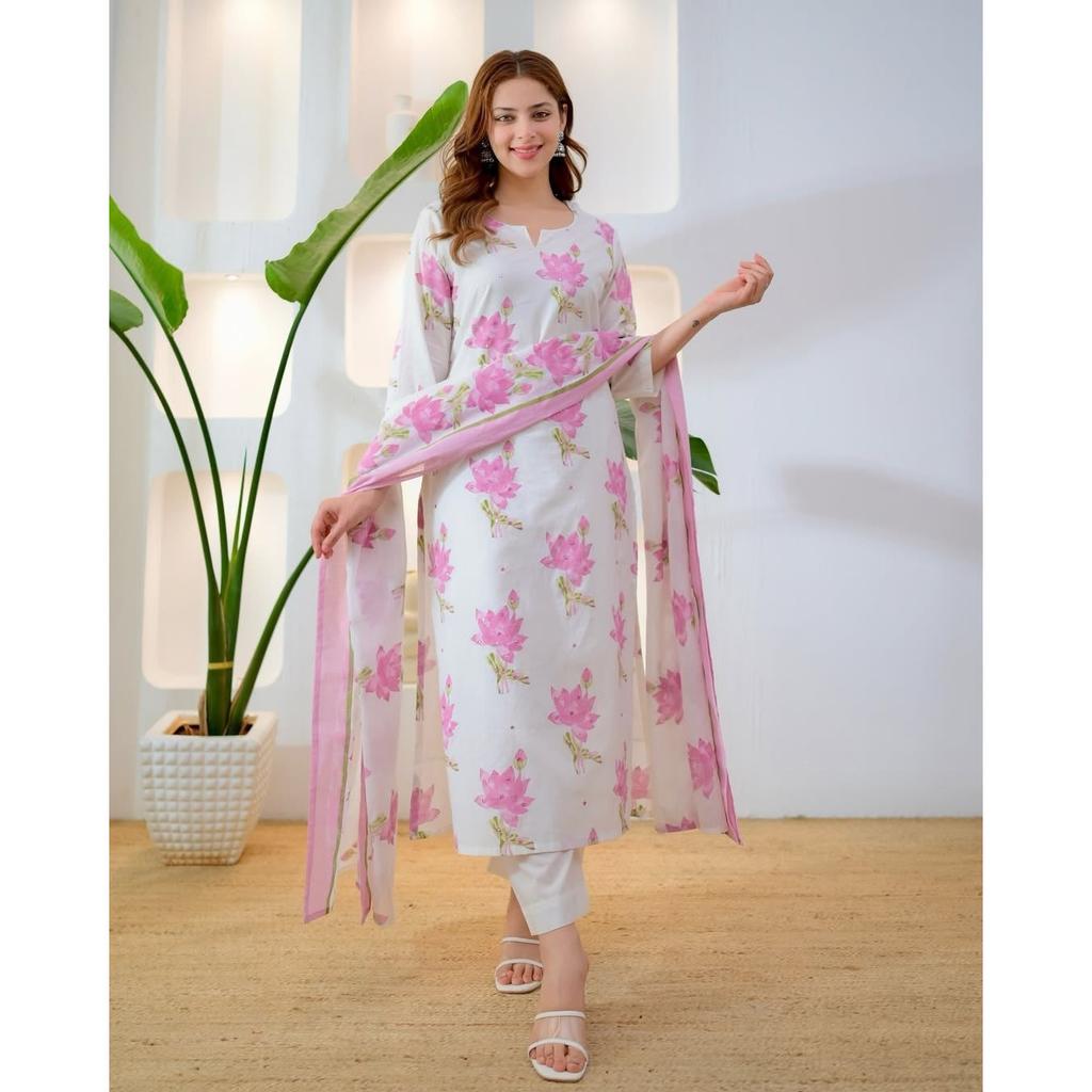 Beautiful Cotton Kurti Pant Dupatta Set Indian Bollywood Top Tunic Kurta Set