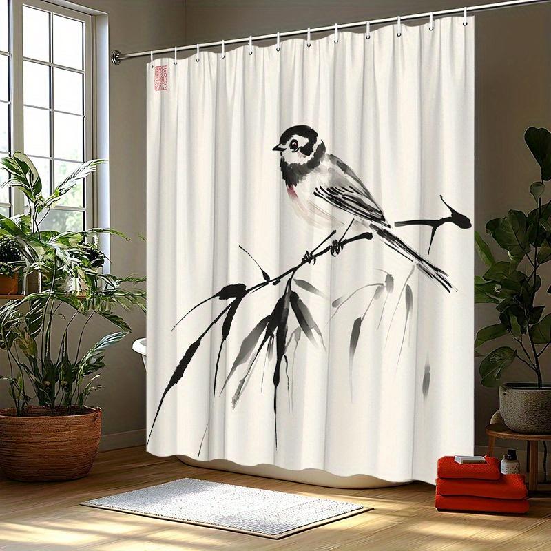 

Polyester Shower Curtain | Traditional Chinese Ink Watercolor Bird On Branch Design | Minimalist Black & White With Red Accents W60H190(CM)-1 Pcs