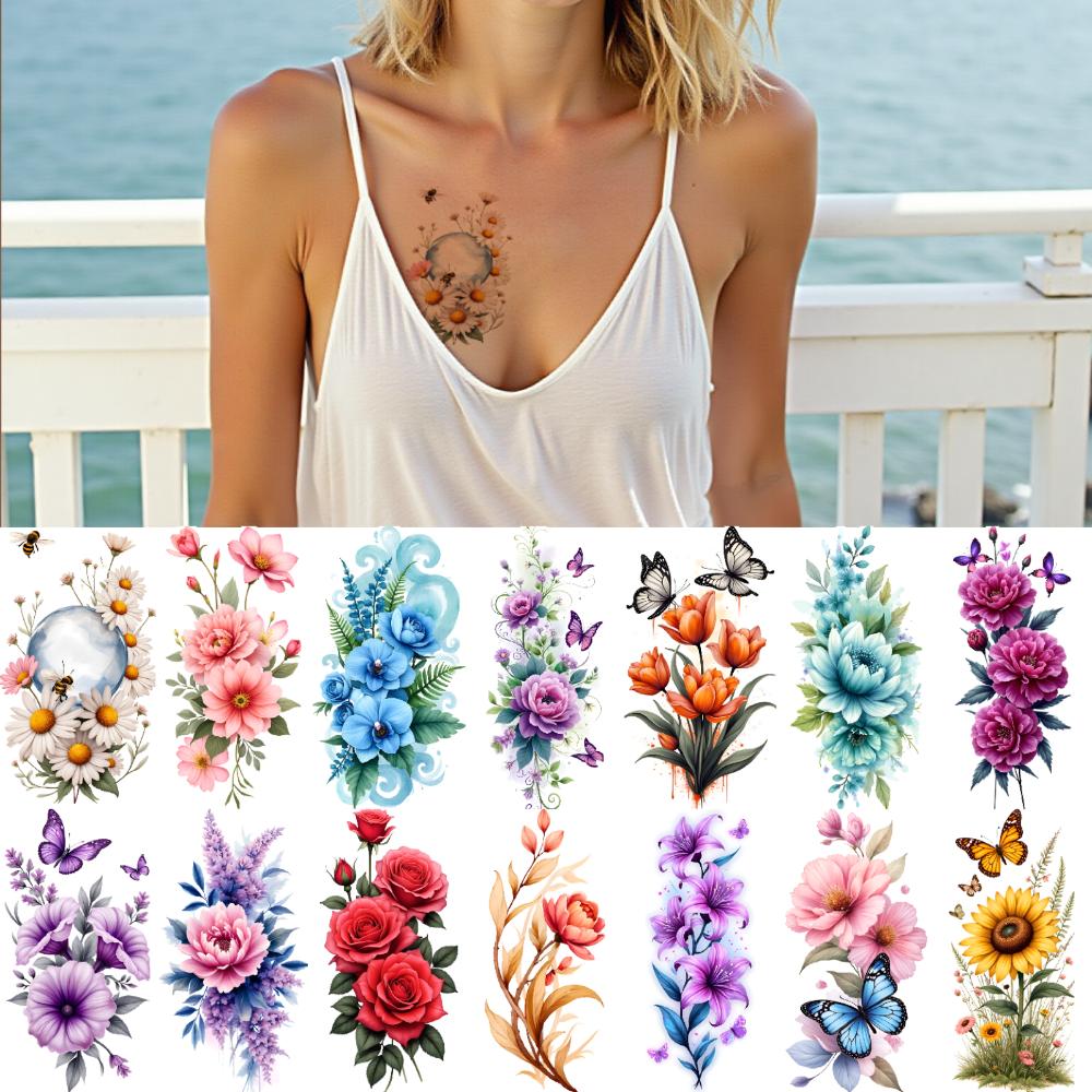 9 Stück Temporäre Tattoos Temporäre Tattoo-Aufkleber Tulpen Gänseblümchen Blaue Blumen Für Männliche Schultern Arme