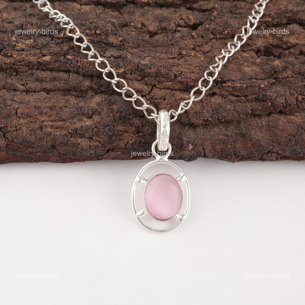 Oval Pink Cat'S Eye Gemstone Sterling Silver Handmade Engagement Gift Pendant PP-6-45