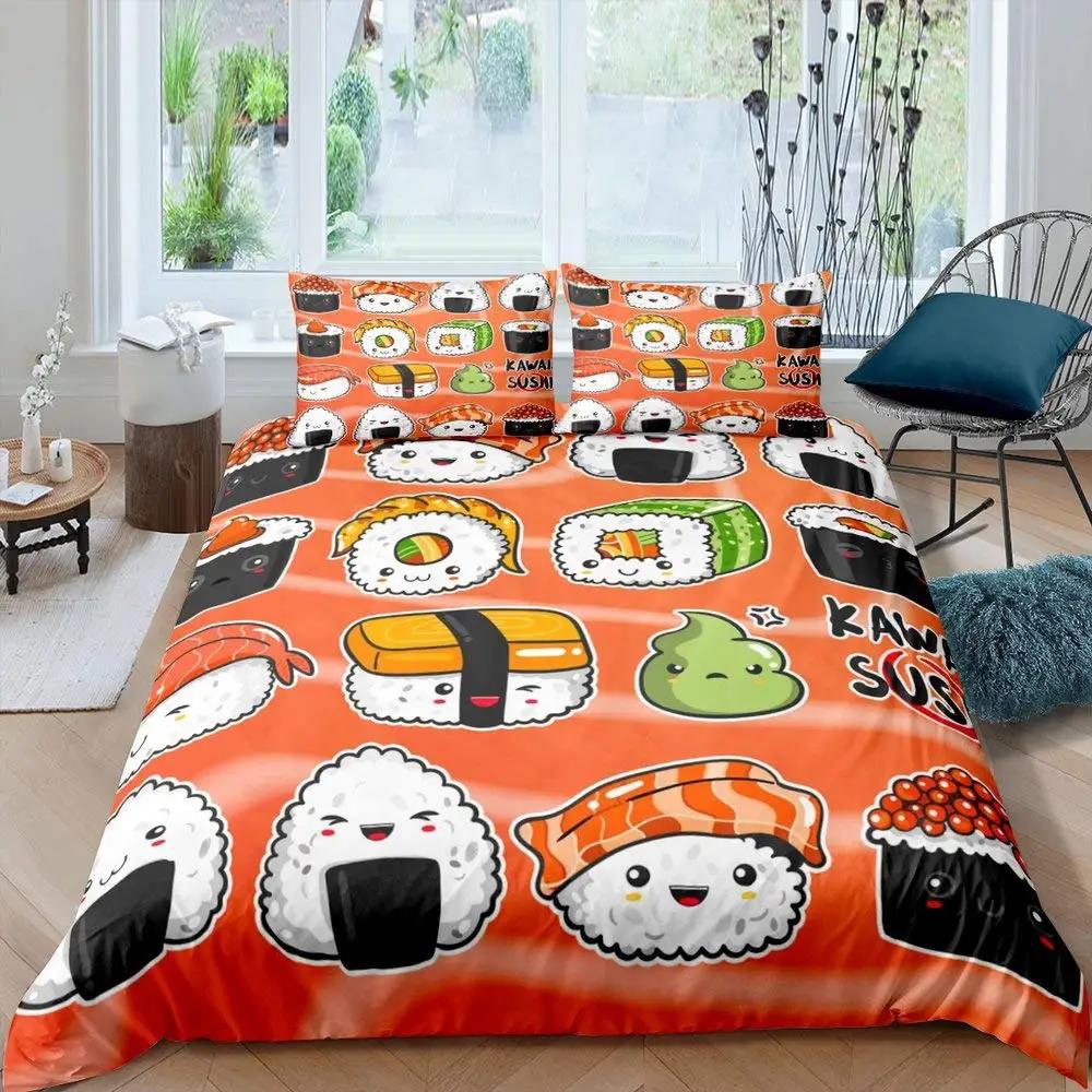 Sushi Comforter Cover,Kawaii Rice Printed Duvet Cover,Cartoon Sushi Food Bedding,Salmon Caviar Sushi Japanese Style Quilt Cover