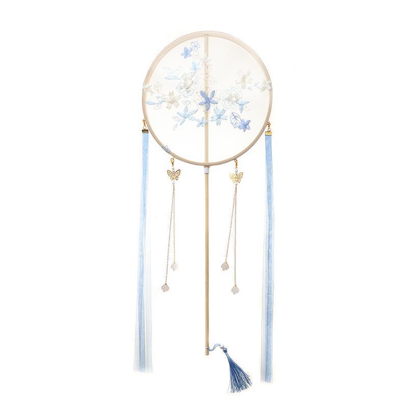 Children's Hanfu Catwalk Round Fan: Ancient Style Embroidered Long Handle Dance Fan with Ribbon