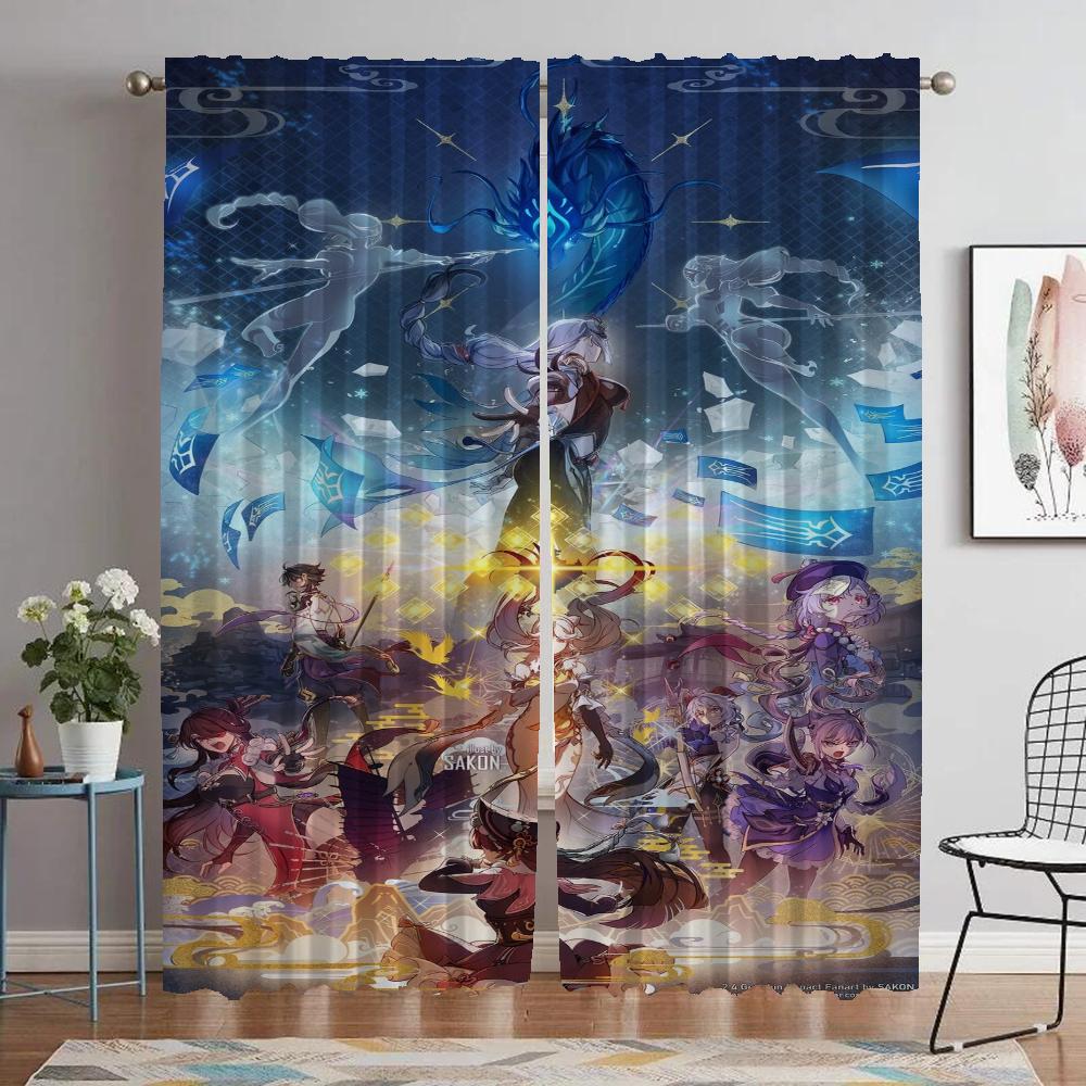 Genshin Impact Window Curtain for Room 2 Panel Home Interior Curtains Halloween Decoration Tulle for Bedroom Shades Partition