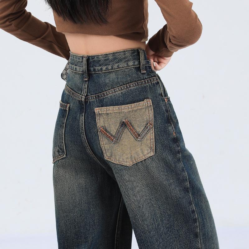 

Spring & Autumn High-Waist Wide-Leg Distressed Retro Jeans for Women - European & American Street Style M