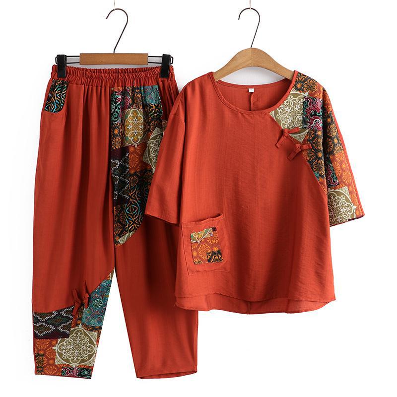 

Летний костюм в стиле ретро-вестерн: Свободный комплект из двух частей для модных бабушек 1XL [90-115 Jin] оранжевый