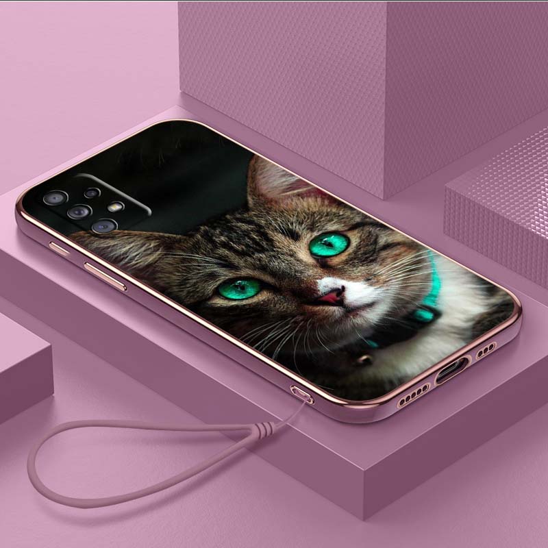 Luxury Plated TPU Phone Case With Lanyard for Samsung Galaxy A04 A05s A13 A14 A24 A54 A34 Note20 S23 Ultra Cases A41 Cool Cat Black Design Art Cover
