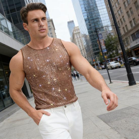 Herren Pailletten Weste Funkelnd Rundhals Ärmellos Shirt Durchsichtig Sexy Tanktop für Musikfestival Rave Nachtclub Bar Party