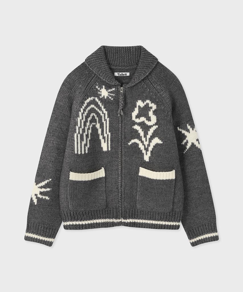Fallett Drawing Garden Cowichan Knit Zip-Up Grey