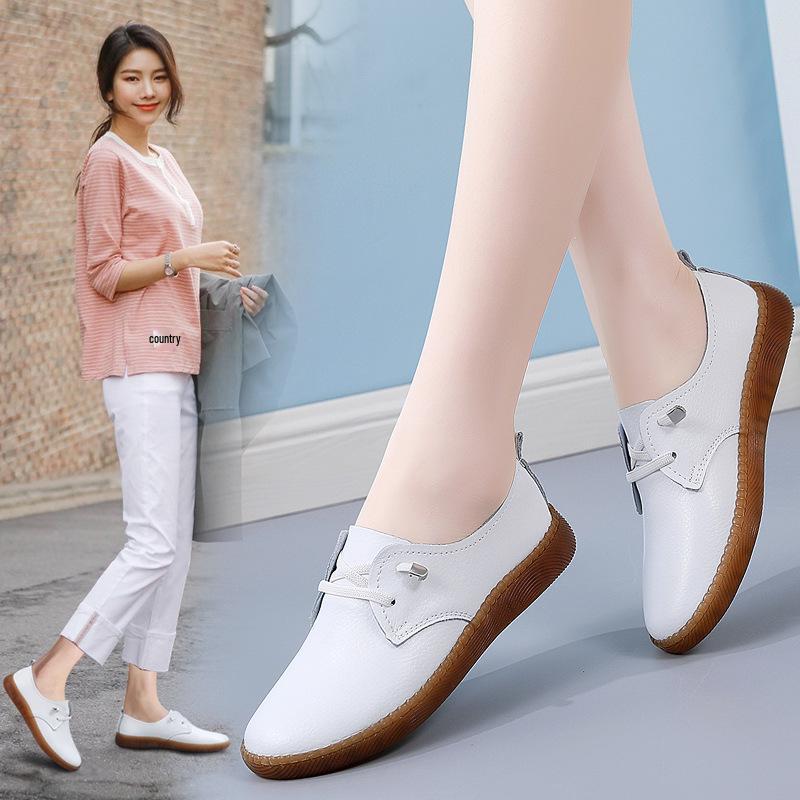 Women's Genuine Leather Slip-On Shoes - Autumn Soft Sole, Non-slip, Casual White Flats