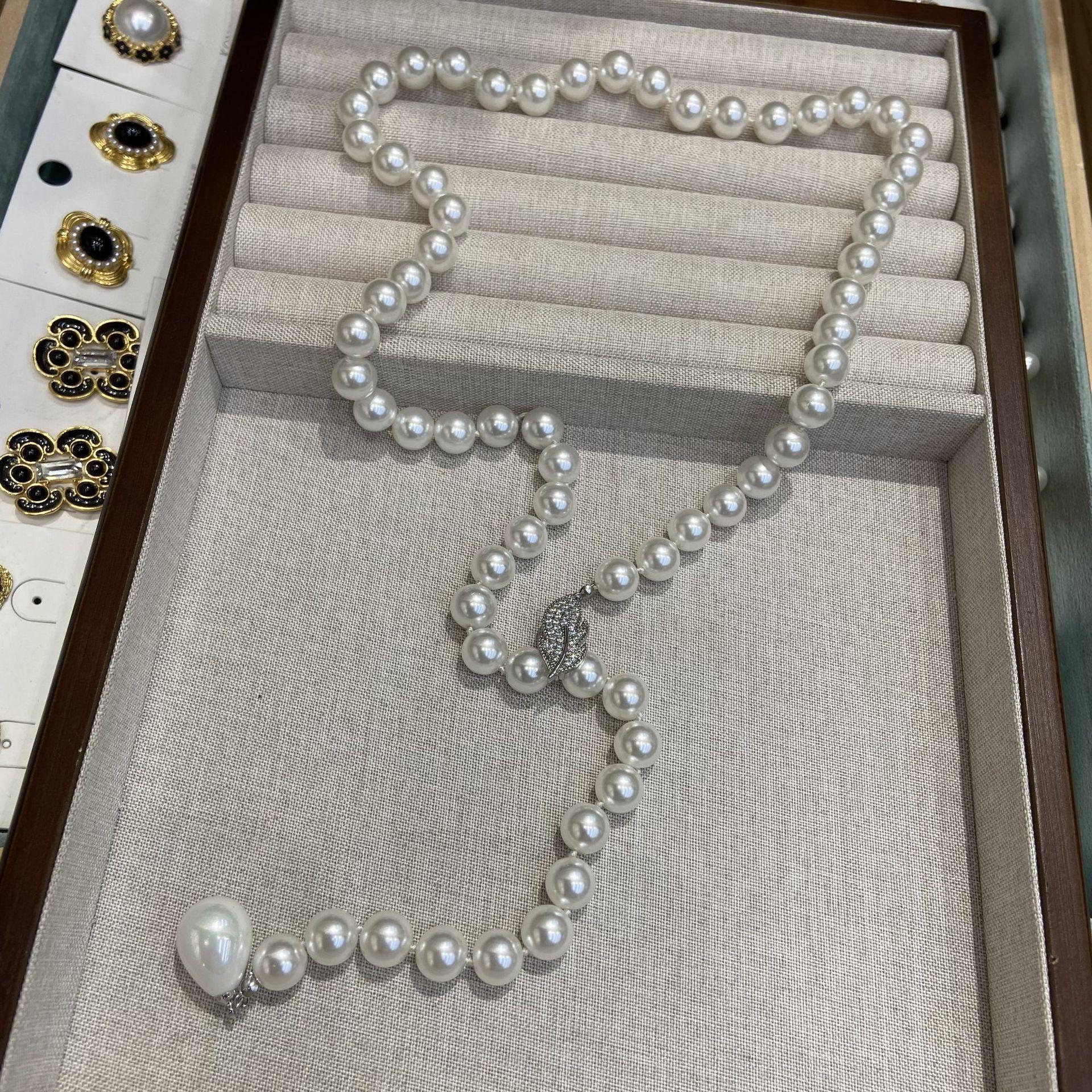 

Y-Shaped White 10Mm Bead Necklace Shake Chain Zircon Leaf Buckle Adjustable Necklace