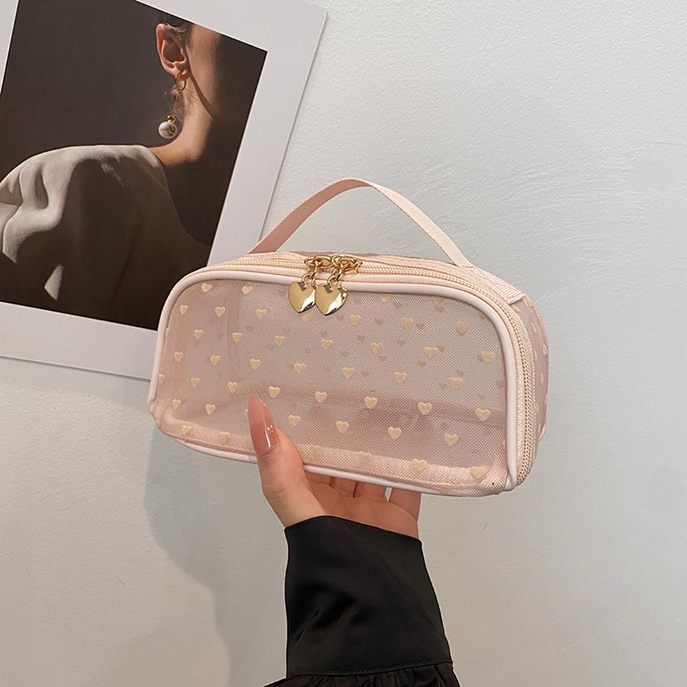 

Heart Print Mesh Cosmetic Bags Zipper Women Mini Mesh Bags Portable Travel Organizing Pouch Purse Travel Cosmetic Accessories