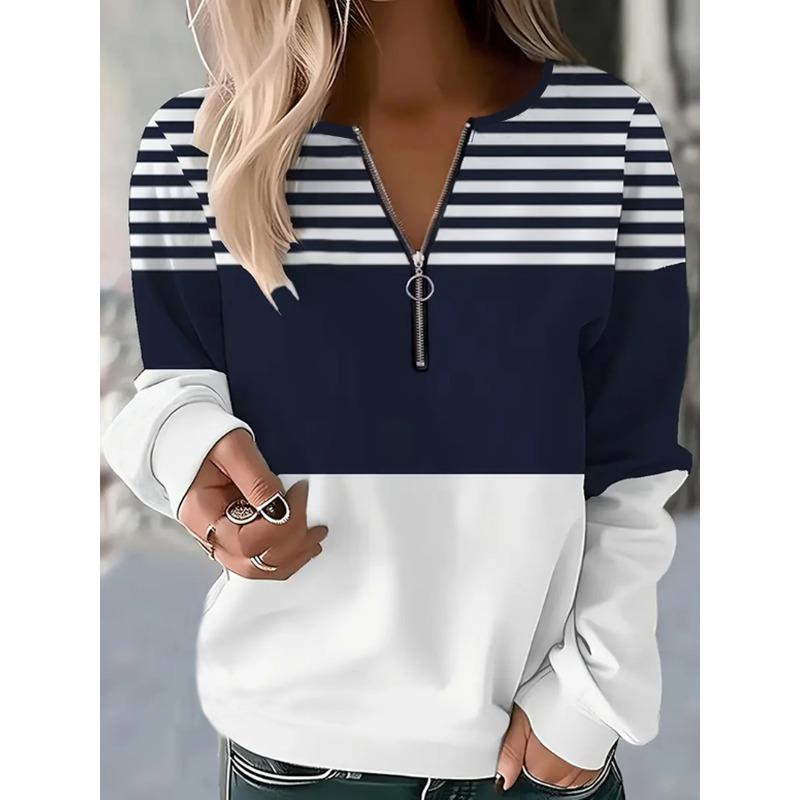 Women's Quarter-zip Pullover with Stripes, Suitable for Street Wear, Daily Use, Printed Casual Style, Round Neck, Long Sleeve,
