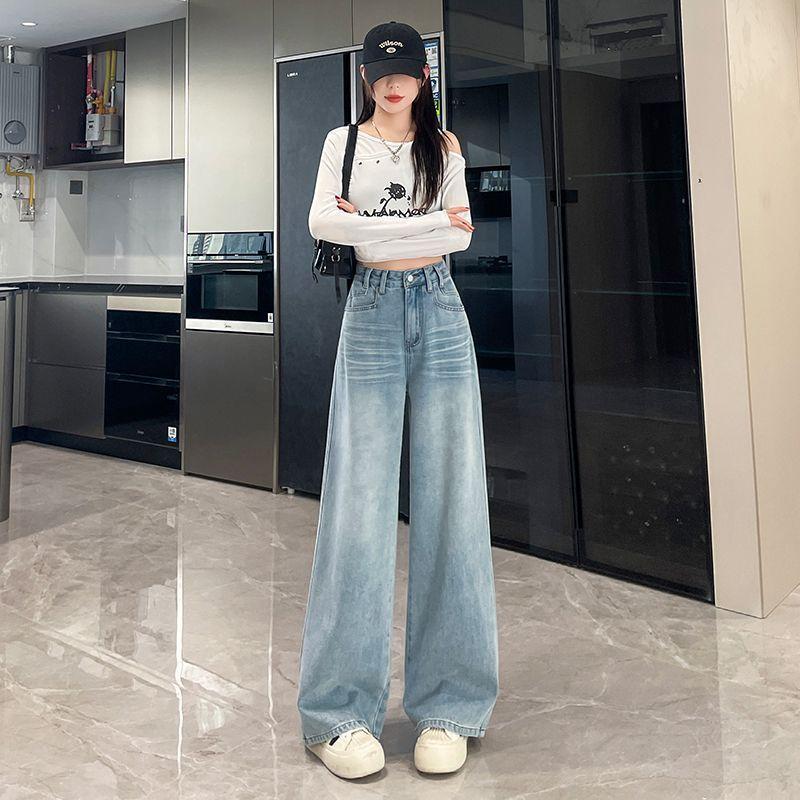 

Ретро американские джинсы широкие от бедра для женщин весенние новые с высокой талией свободные облегающие прямые укороченные брюки XXL