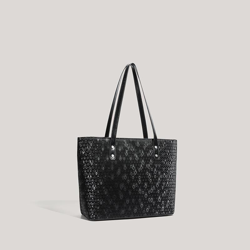 New high-quality textured black shoulder bag, peacock feather pattern, large-capacity commuting
