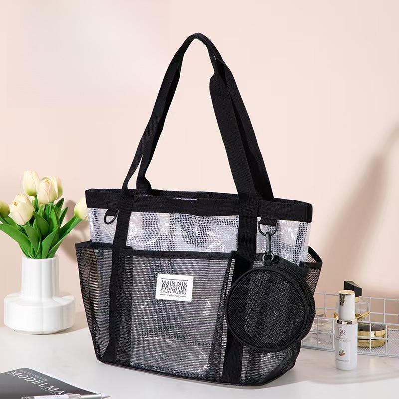 

Summer New Large Capacity Mesh Storage Bag, Waterproof Travel Organizer for Cosmetics and Beach, Casual Handheld Tote Bag CLE чорний