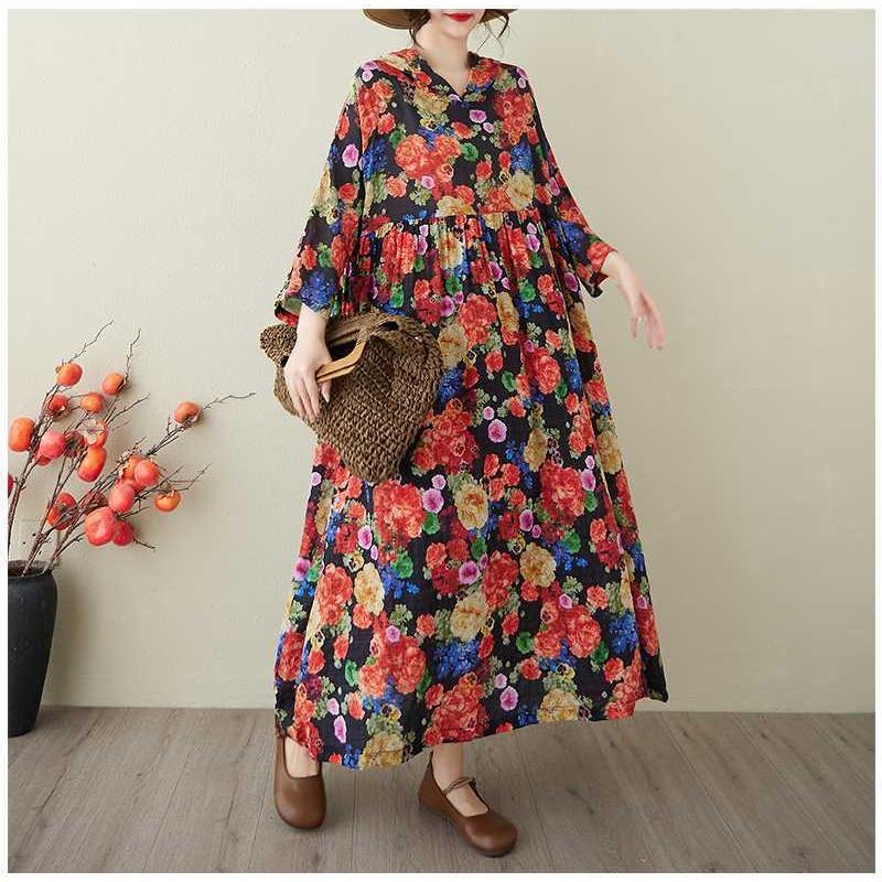 Ladies' Retro Niche Cloud Brocade Yarn Cotton Linen Hooded Printed Dress