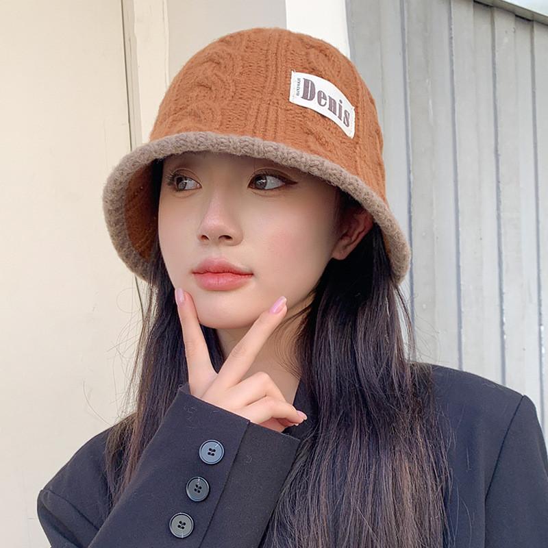 Unisex Knitted Water Bucket Cap With Stylish Letter Print For Fall Season Wear Caramel