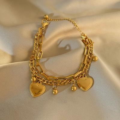 Yousheng Women Bracelet Hollow Chain Heart Pendant Double-layered Lobster Clip Titanium Steel Bead Adjustable Length Electroplated Wrist Jewelry