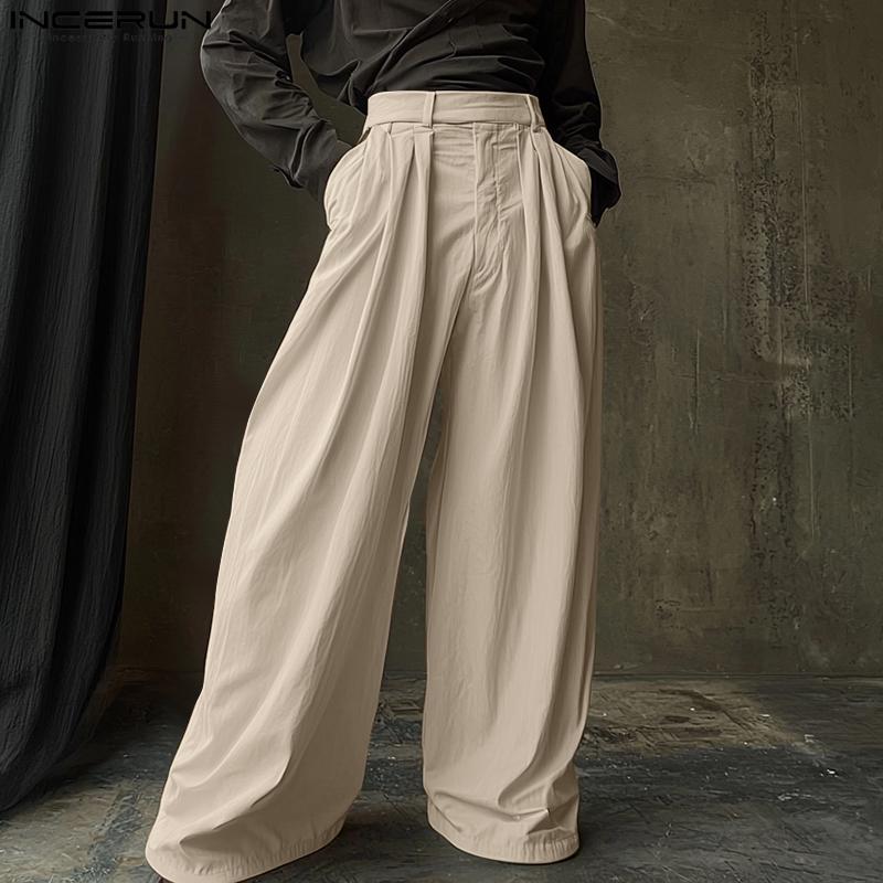 INCERUN Men Zip-up High Waist Casual Long Wide Legs Pants Trousers