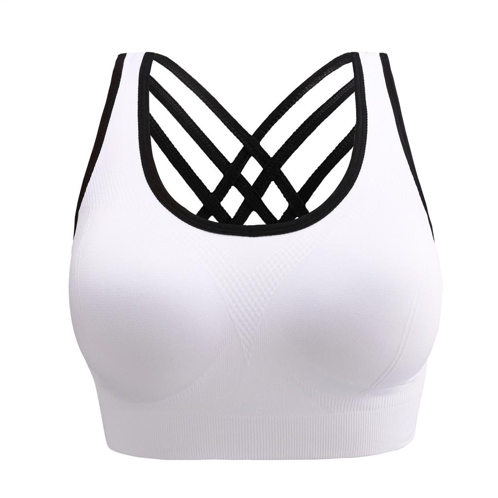 Women Wireless Cross Back Sports Bra Solid Strappy High-Impact Shockproof Running and Fitness Bra