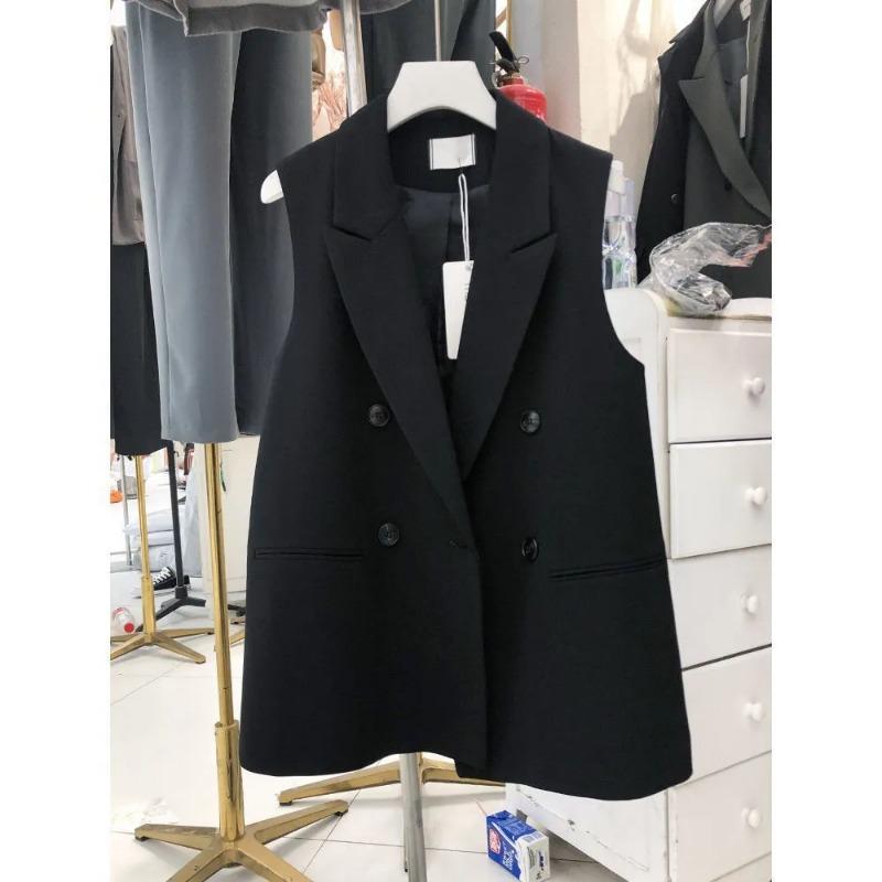Women s K Grey Double Breasted Sleeveless Blazer Vest with Lapel Collar and Pockets S