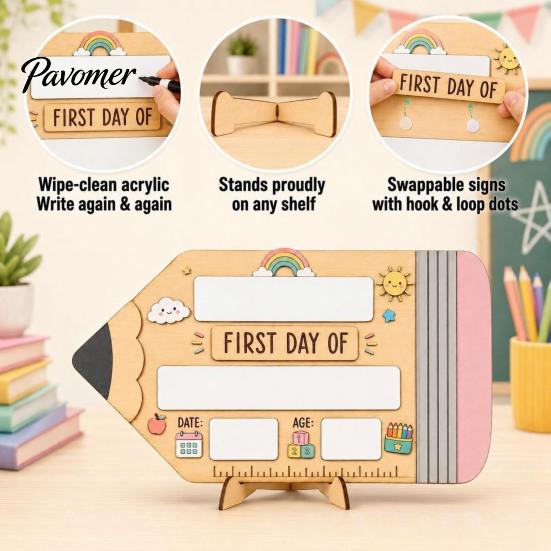 Wooden Message Board for Classroom First Day of School Board, Reusable Erasable Chalkboard Design, Creative Ornaments Stable Base Photo Prop