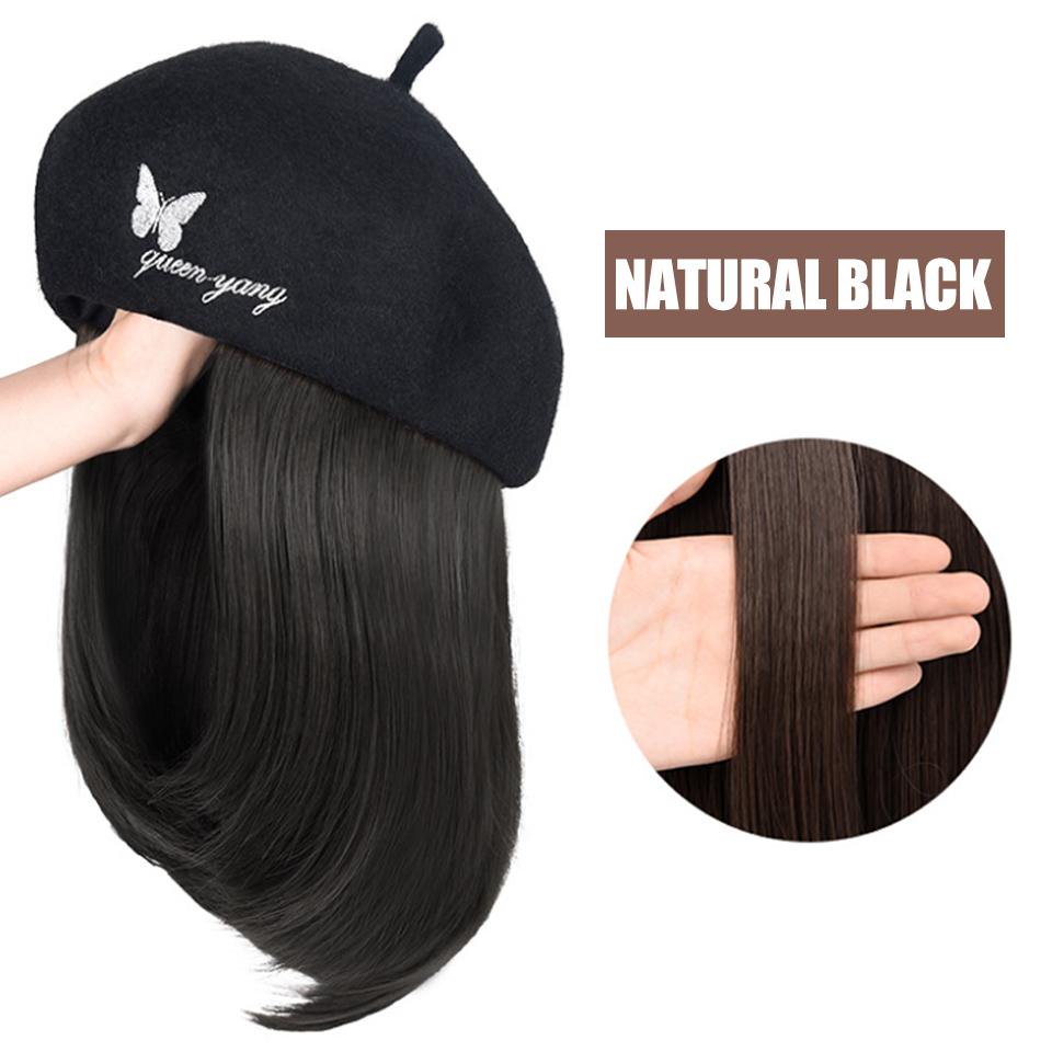 WTB Hat Wig Integrated Synthetic Wig Female Autumn And Winter Embroidery Butterfly Beret Clavicle Hair Straight Hair Hat Wig