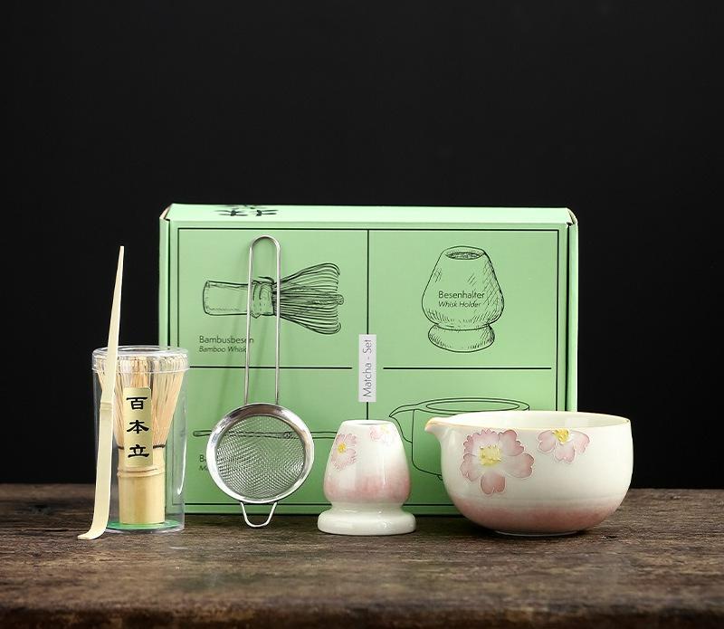 Japanese Hand-Painted Matcha Bowl Set 5-Piece Tea Making Tools With Chasen Stand Hyakuhon Dachi Tea Ceremony Utensils