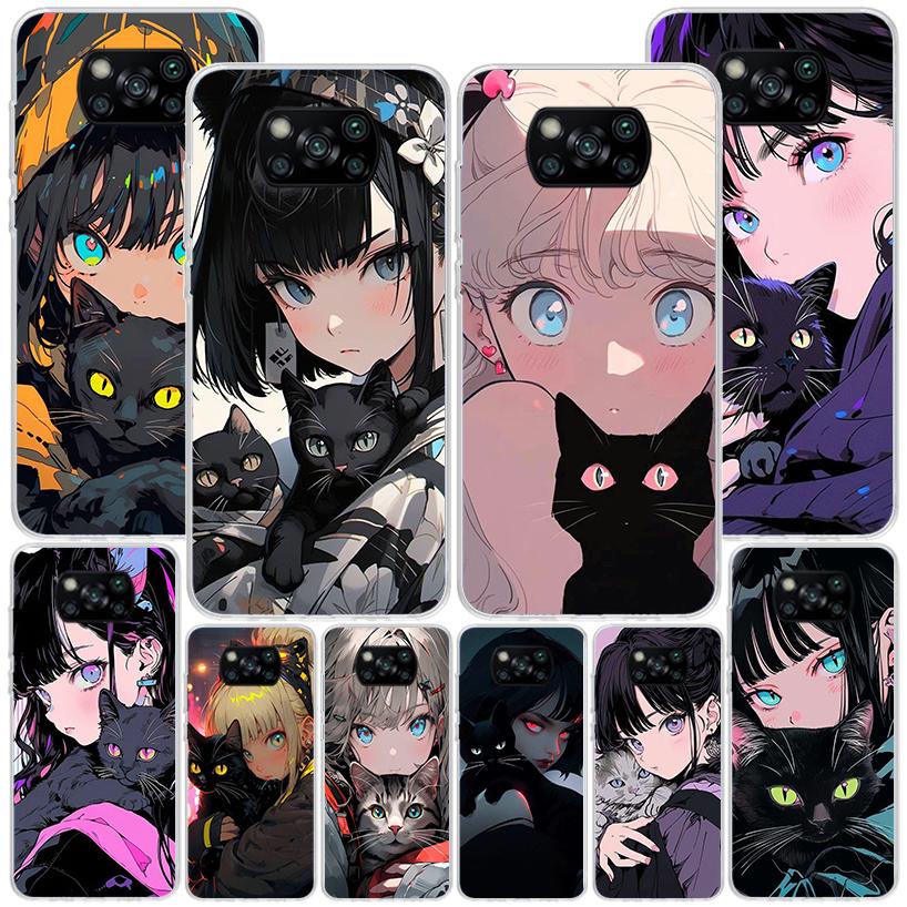 Anime Girls Cute Black Cat Phnoe Case for Xiaomi Poco X5 X6 X7 Pro X4 Gt F7 Ultra M8 M7 Redmi 15C 15 13C 13 12C 12 Unique Cover