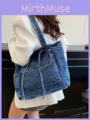 Denim Tote Bag For Women With Drawstring Closure And Butterfly Bow Fashion Street Style