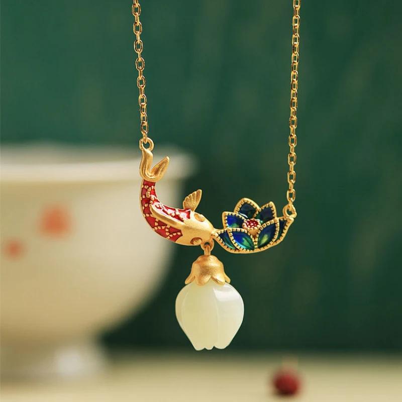 Natural An Jade Necklaces Enamel Fish-Shaped Lotus Ancient Gold Craft Pendant Light Luxury Chinese Style Retro Charm Jewelry