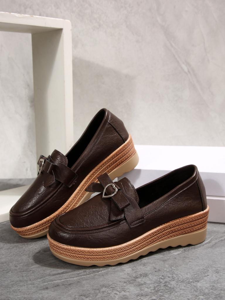 Platform muffin shoes spring and autumn new soft leather small wedge heel single shoes British style retro brown lazy shoes