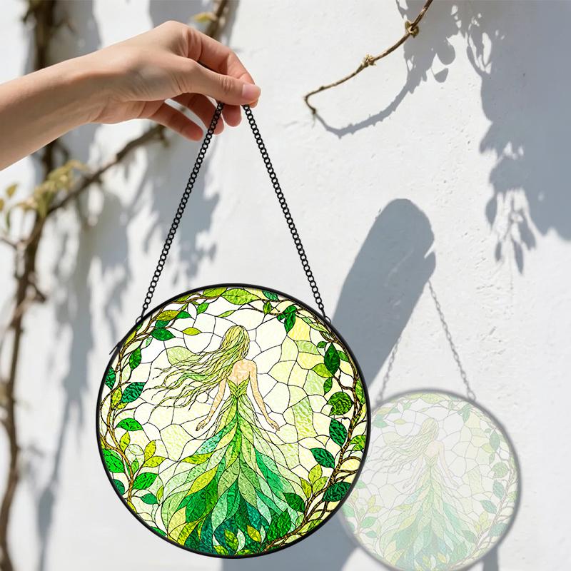 2D Flat Stained Glass Green Genie Window Decoration, 6.3/7.87inches Colored Glass Plate with Chain, Charming Indoor/Outdoor Spring Summer Sun Catcher