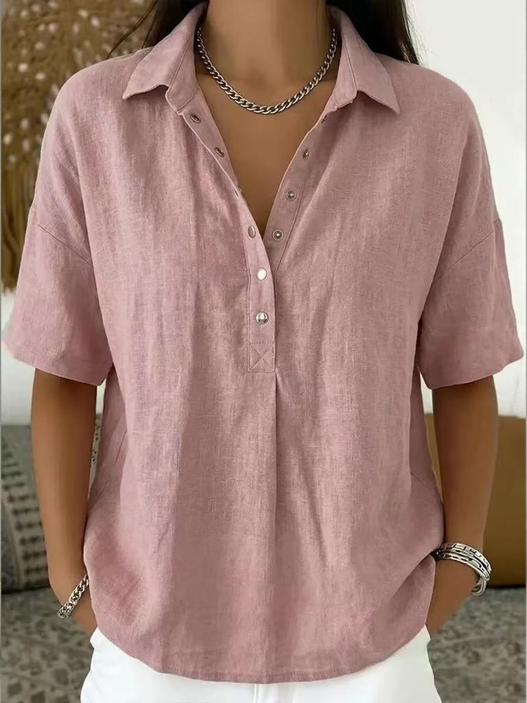 Women Loose Solid Color Lapel Short Sleeve Casual Shirt