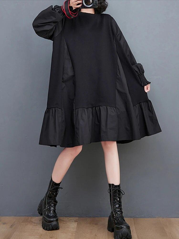 Xitao Schwarzes lässiges Patchwork-Kleid, lockere Mode für Damen LYD1042