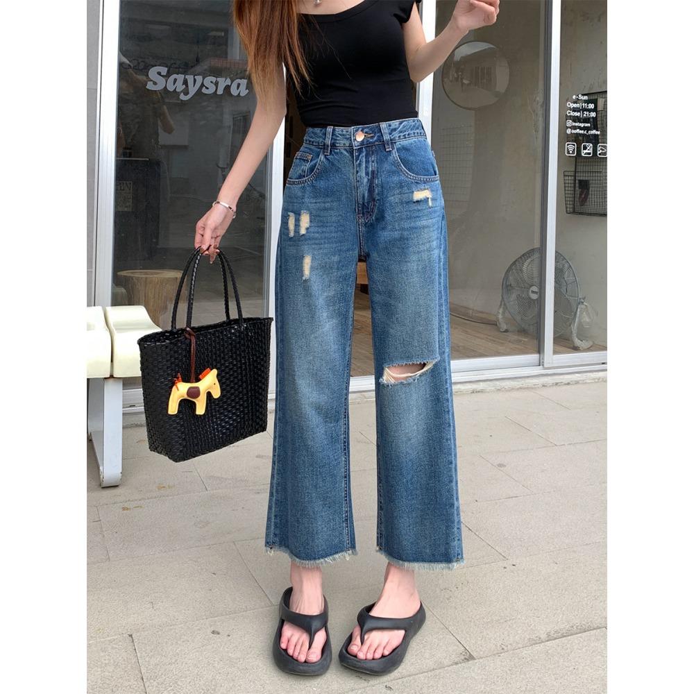 Women s High Waist Wide Leg Jeans Loose Fit Vintage Straight Leg Cropped Denim Pants Ripped Frayed Hem Non Stretch Trousers S