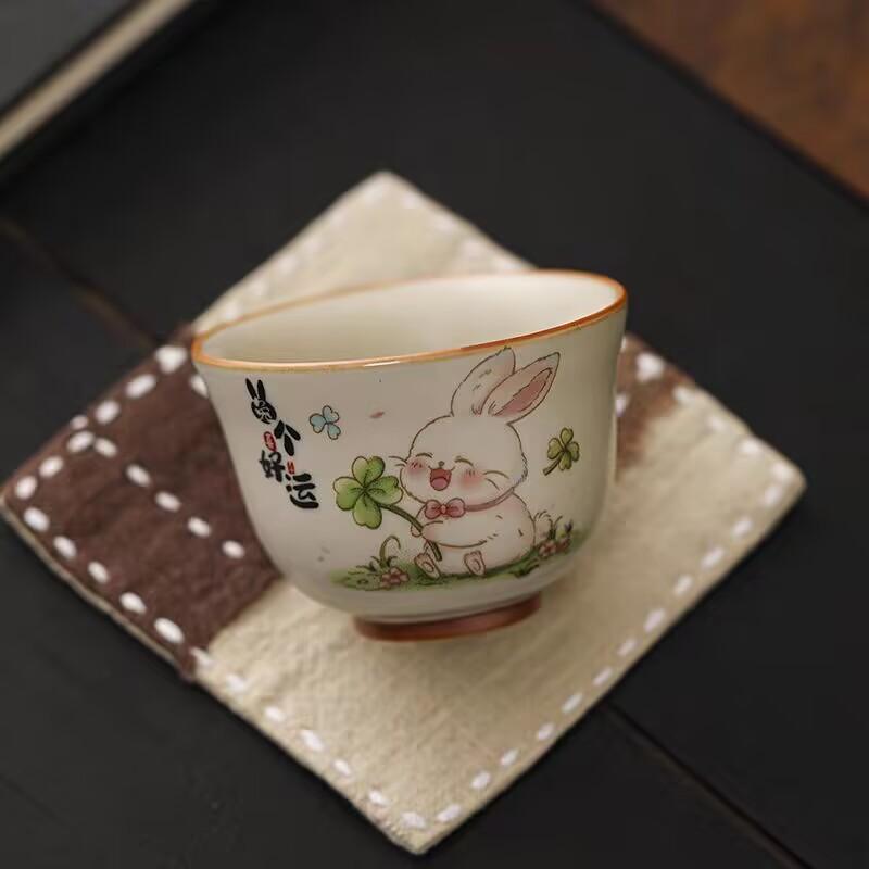 Cute Rabbit Good Luck Teacup Beige Ru Kiln Master Cup Kung Fu Tea Set Tea Cup Personal Tea Bowl Ceramic Tea Cup