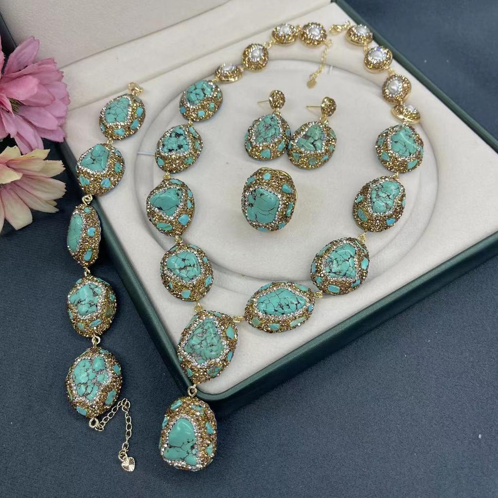 New European and American natural crystal inlaid ring earrings bracelet necklace fashionable and popular jewelry sets for women