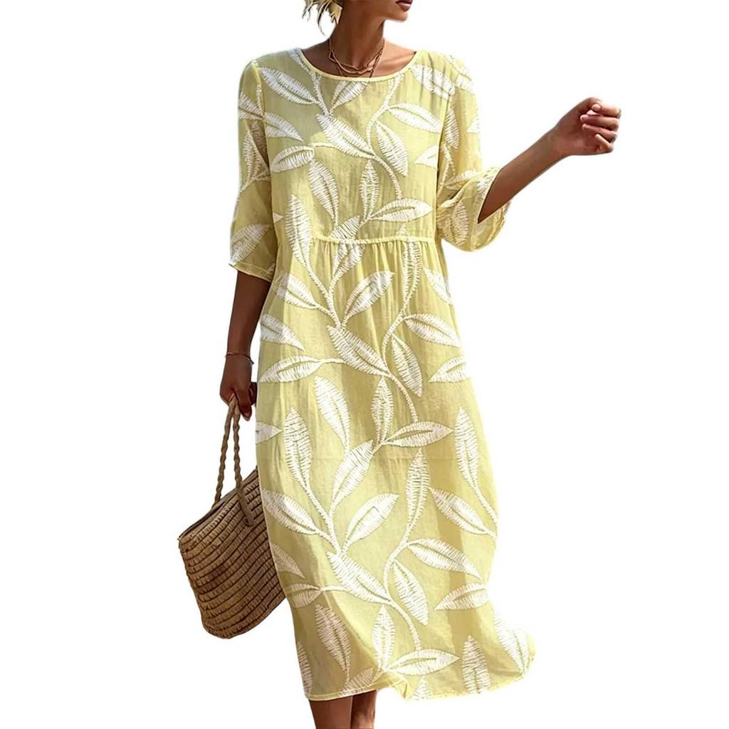 Abito midi vintage bohémien da donna con stampa floreale e scollo rotondo per un uso casual quotidiano