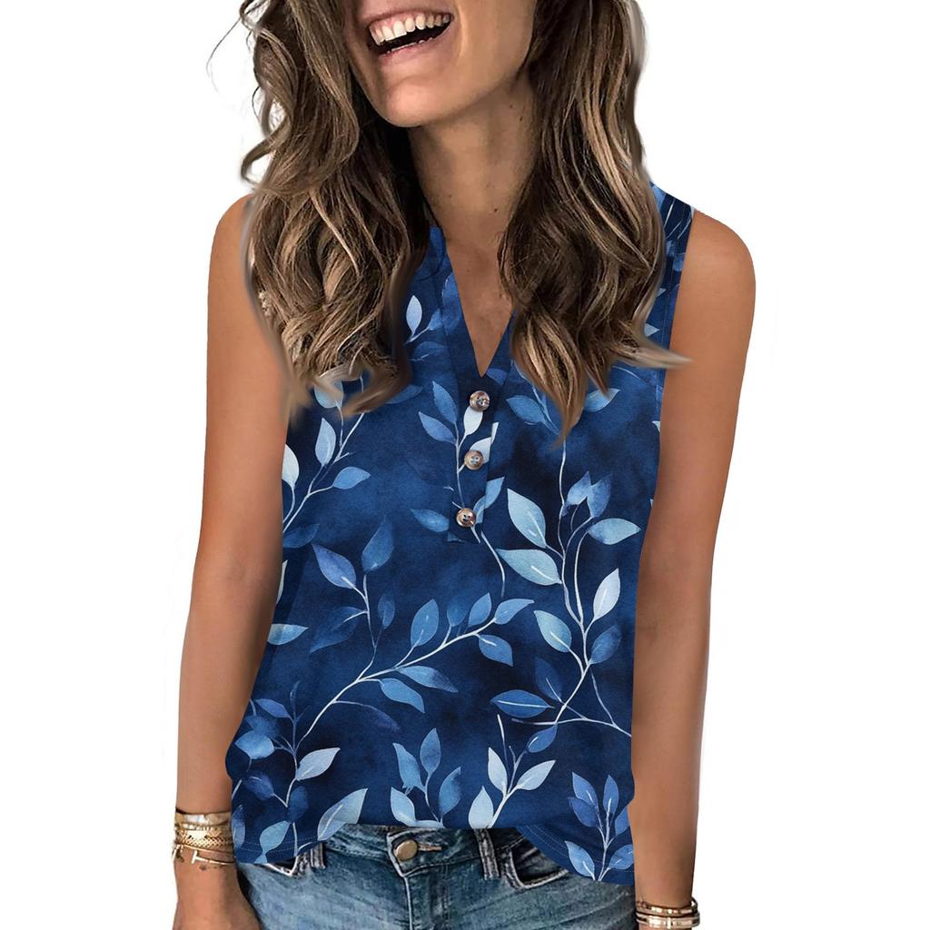Damen Casual Mode Sommer Tanktop mit Blumendruck V-Ausschnitt Ärmellos Knopfleiste Top