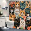 Playful Cats with Flowers Shower Curtain, Vibrant Floral Design, Whimsical Black Orange White Grey Cats, 12 Hooks, Polyester