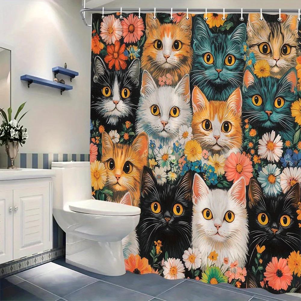 Playful Cats with Flowers Shower Curtain, Vibrant Floral Design, Whimsical Black Orange White Grey Cats, 12 Hooks, Polyester