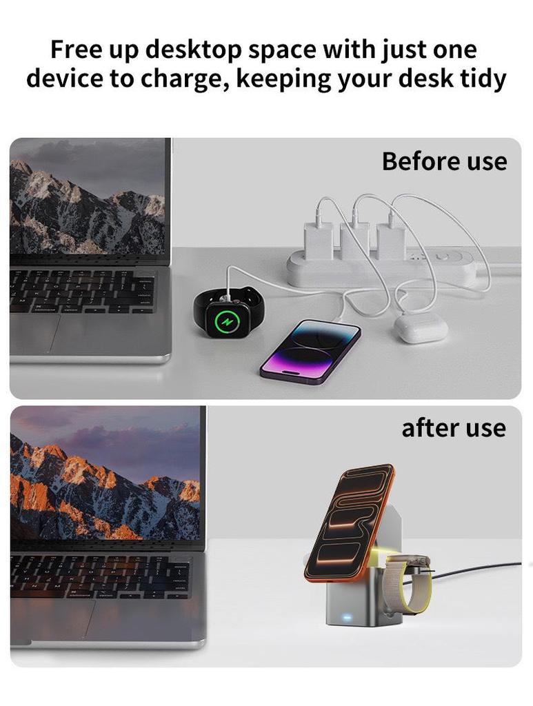 Three-in-One Wireless Charger with Adjustable Night Light, Qi2 Compatible, for Apple & Samsung, 25W
