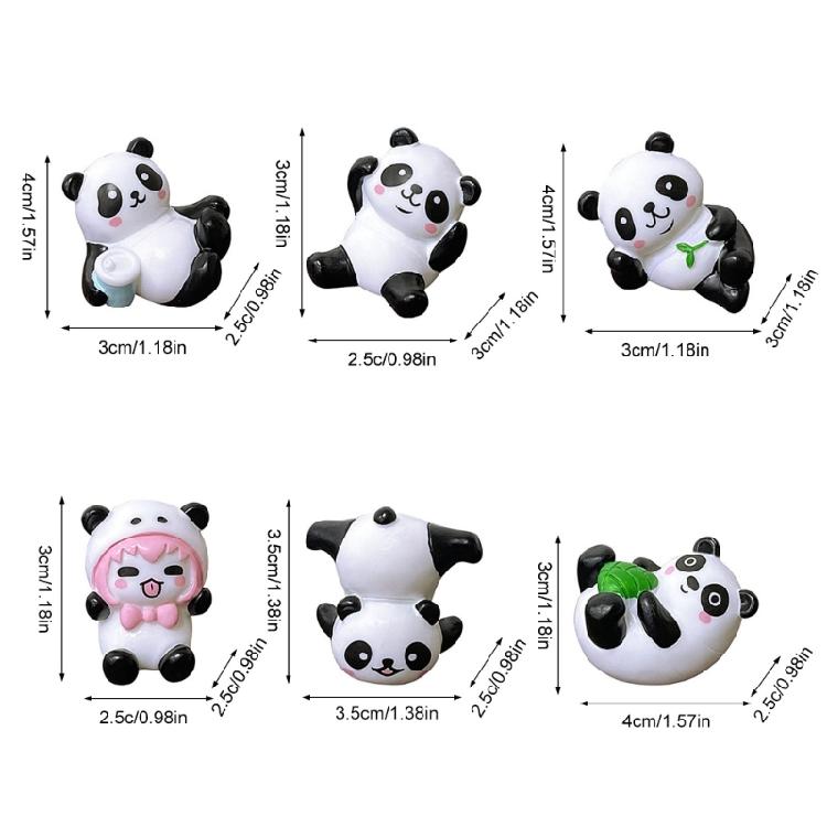 6 Pack Cartoon Panda Figurines Small Animal Models Miniatures Ornaments for Cake Toppers and Car Decors Accessories