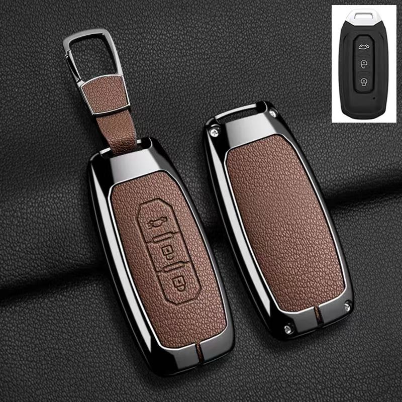 Zinklegierung+Leder 3-Tasten Auto Smart Schlüsselanhänger Schutzhülle, Geeignet für Ford Territory EV Auto Fernbedienung Schlüsselanhänger Zubehör