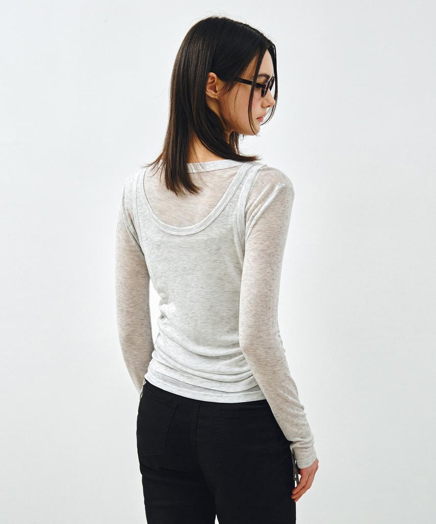 MONGDOL [Set] Side Shirred Layered T-Shirt Light Grey Mdts067Lgray