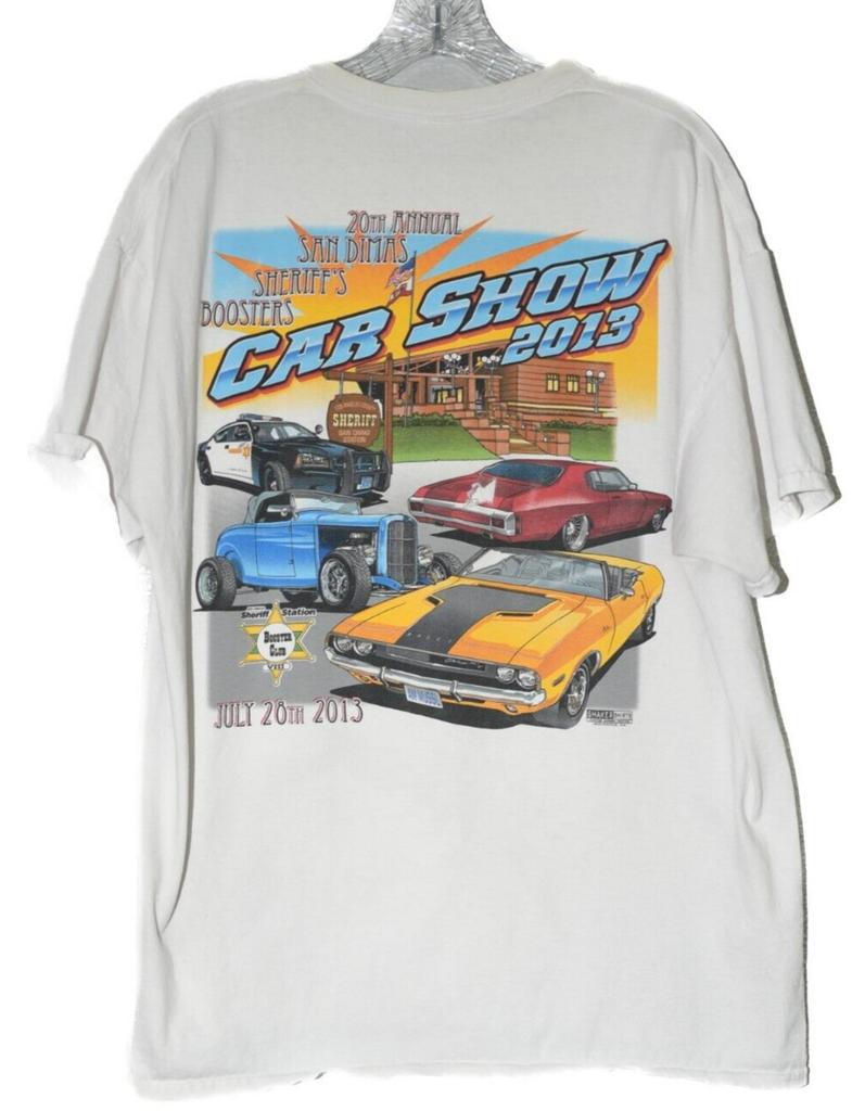 Gildan Mens White Cotton T-Shirt 20th Annual Car Show 2013 Graphic Crew SS Sz XL