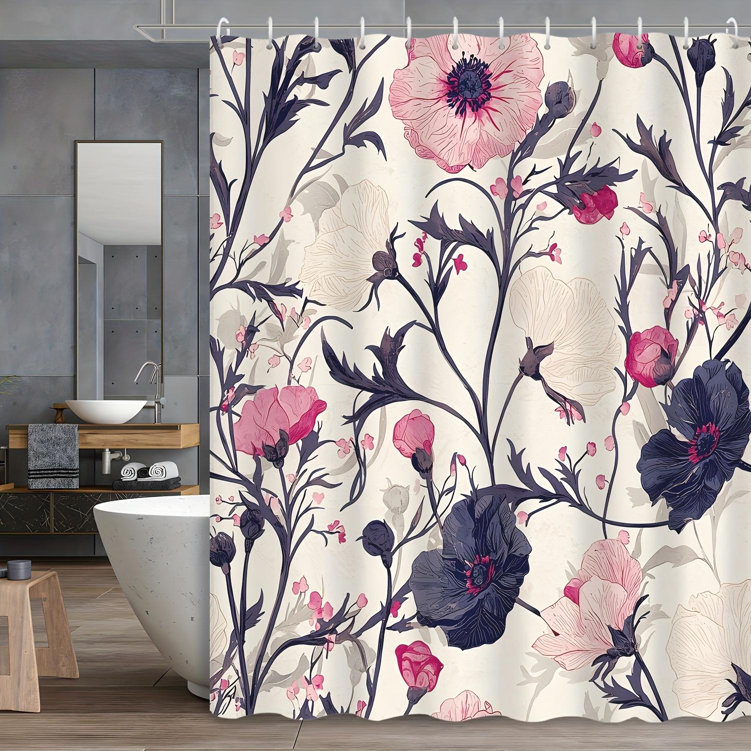 1pc American Vintage Botanical Branches Pink Floral Shower Curtain Decorative Printed Shower Curtain with Hooks Polyester Fabric 90X180cm