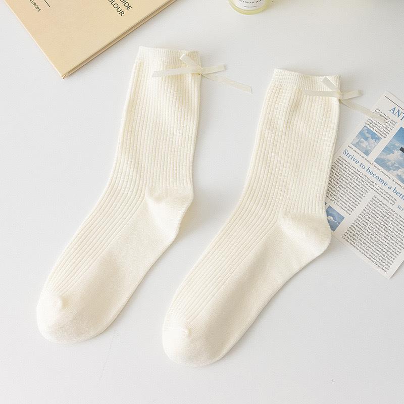 Chaussettes Blanches Lait Saisonnières, Chaussettes Mi-Mollet 100% Coton Double Tricot, Noeud Couleur Unie, Chaussettes Empilables Polyvalentes