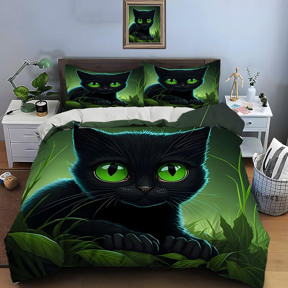 Black Cat In Dark Grass Print Bedding Set for Kids Luxury Gift 3pcs Digital Print Comforter Set Soft Comfortable Breathable